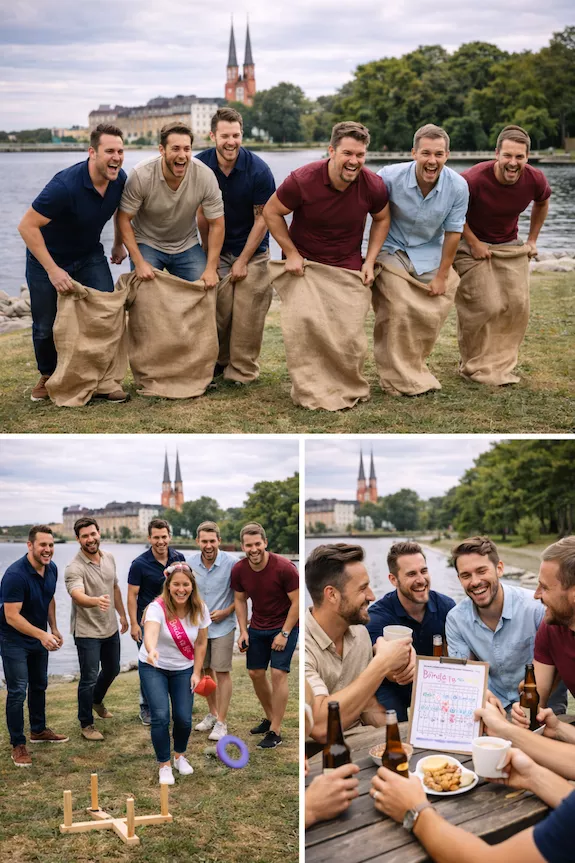 Grabbgäng i Växjö som deltar i aktiviteter tillsammans – säckhoppning, ringkastning och fika vid sjön med Växjö domkyrka i bakgrunden.